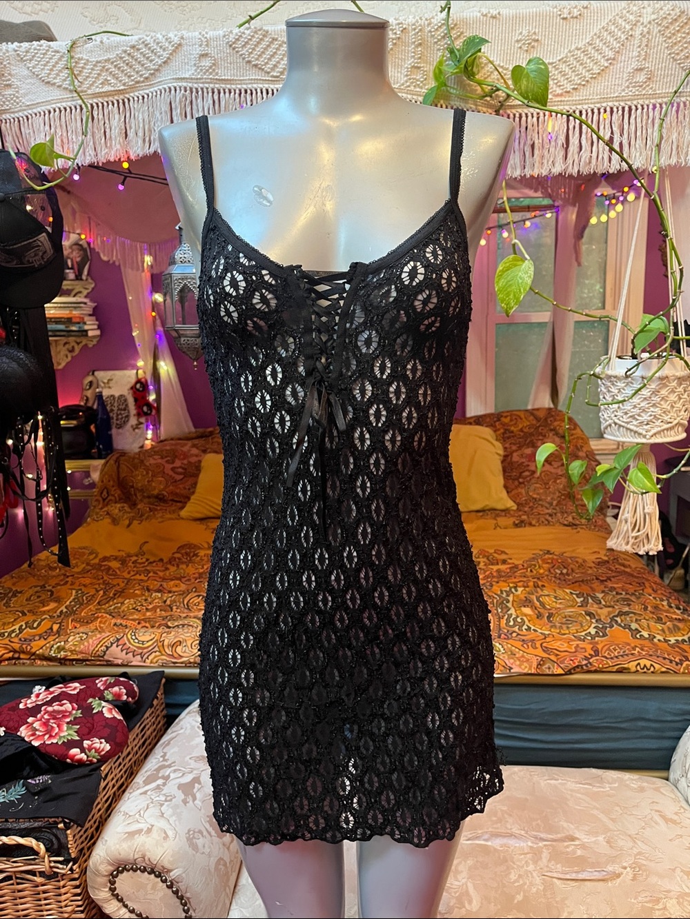 Vintage Y2K goth grunge lace up front sheer slip mini dress - Picture 2 of 4
